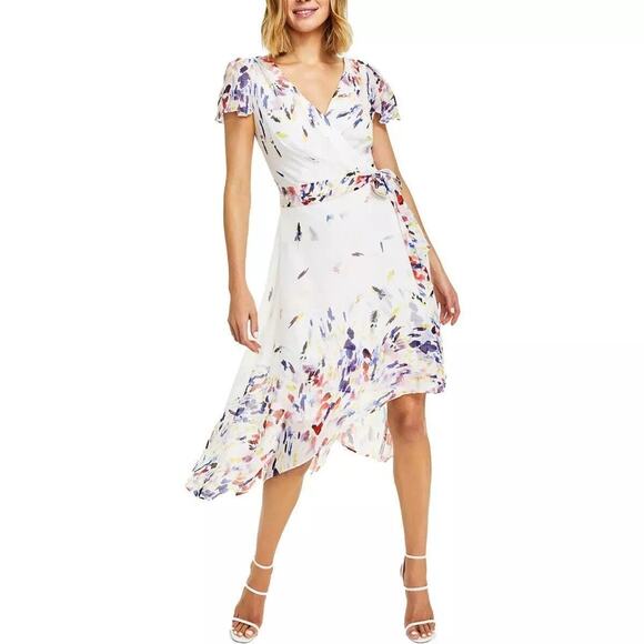 DKNY Women's Faux Wrap Knee Length MIDI Dress, White/Multicolor Size 6 - Picture 1 of 2